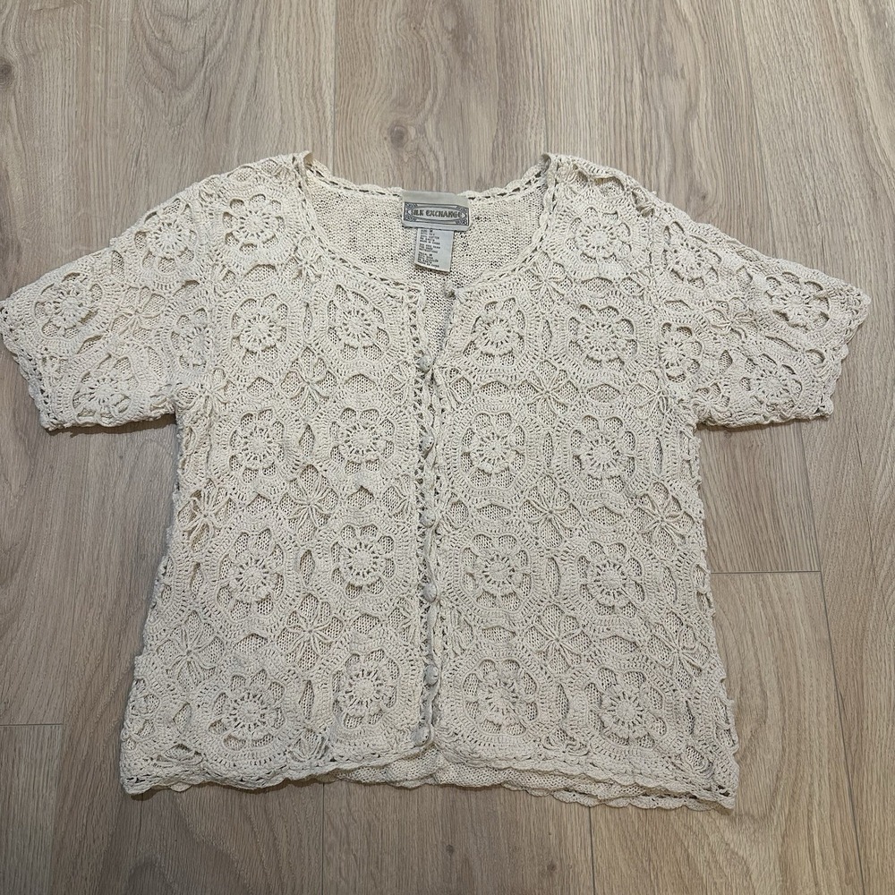 90s Crochet Cottagecore Boho Cardigan Silk Blend Cream Button Up Lined Vintage